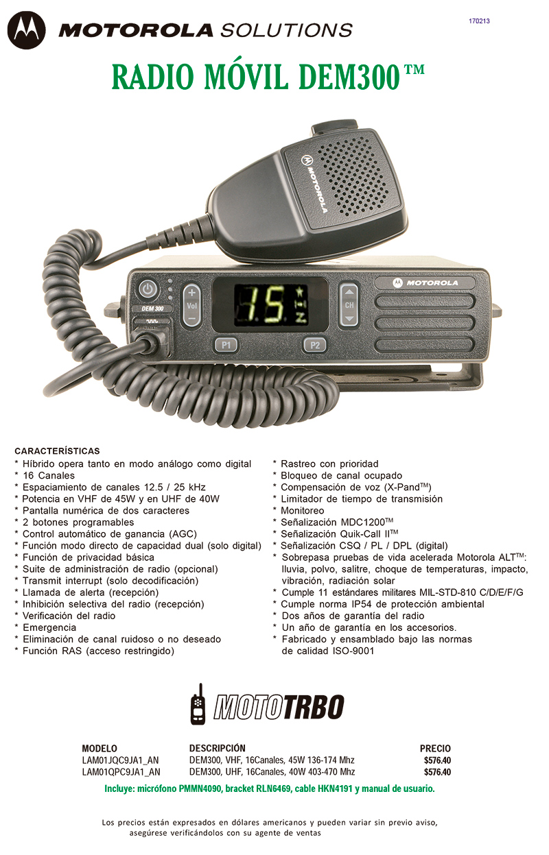 Radio Móvil Digital Motorola DEM300 16CH UHF | VHF 45W | abc radios